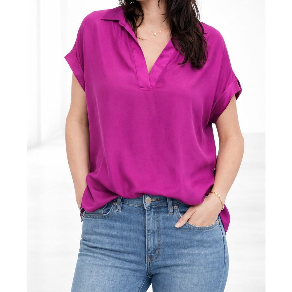 Go by GoSilk Silk Blouse Womens Large Purple Charmeuse Go Polo Popover Luxe
